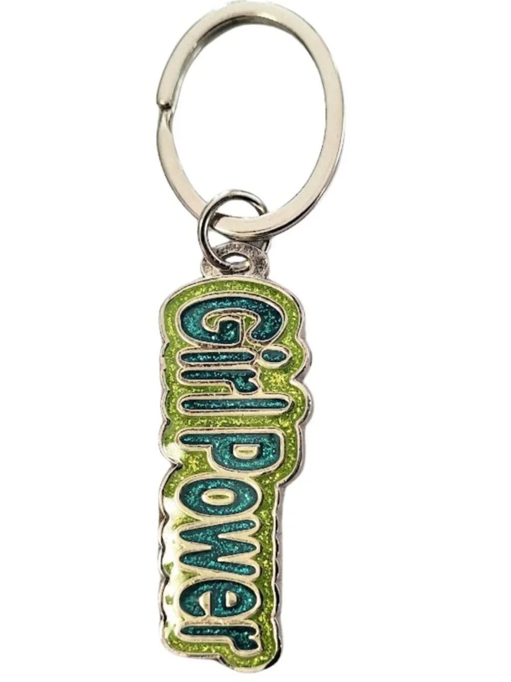 SWIBCO Teal & Green Glitter Galaxy Keychain Silver Metal GIRL POWER